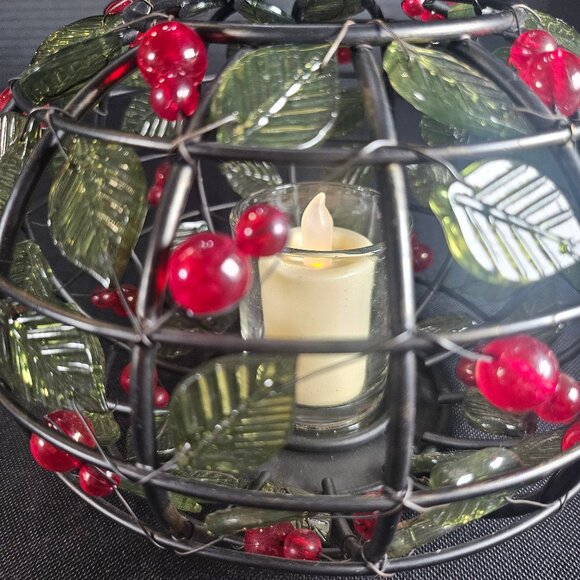Black Metal With Green Glass Leaves And Red Berries Votive Candle Holder Kohls - Picture 6 of 11